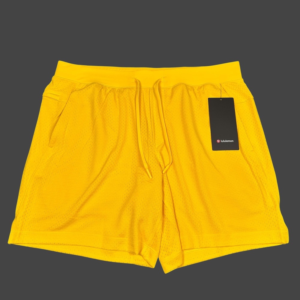 New Lululemon Double-Layered Mesh Shorts 7" Linerless Mens XL Yellow Drawstring